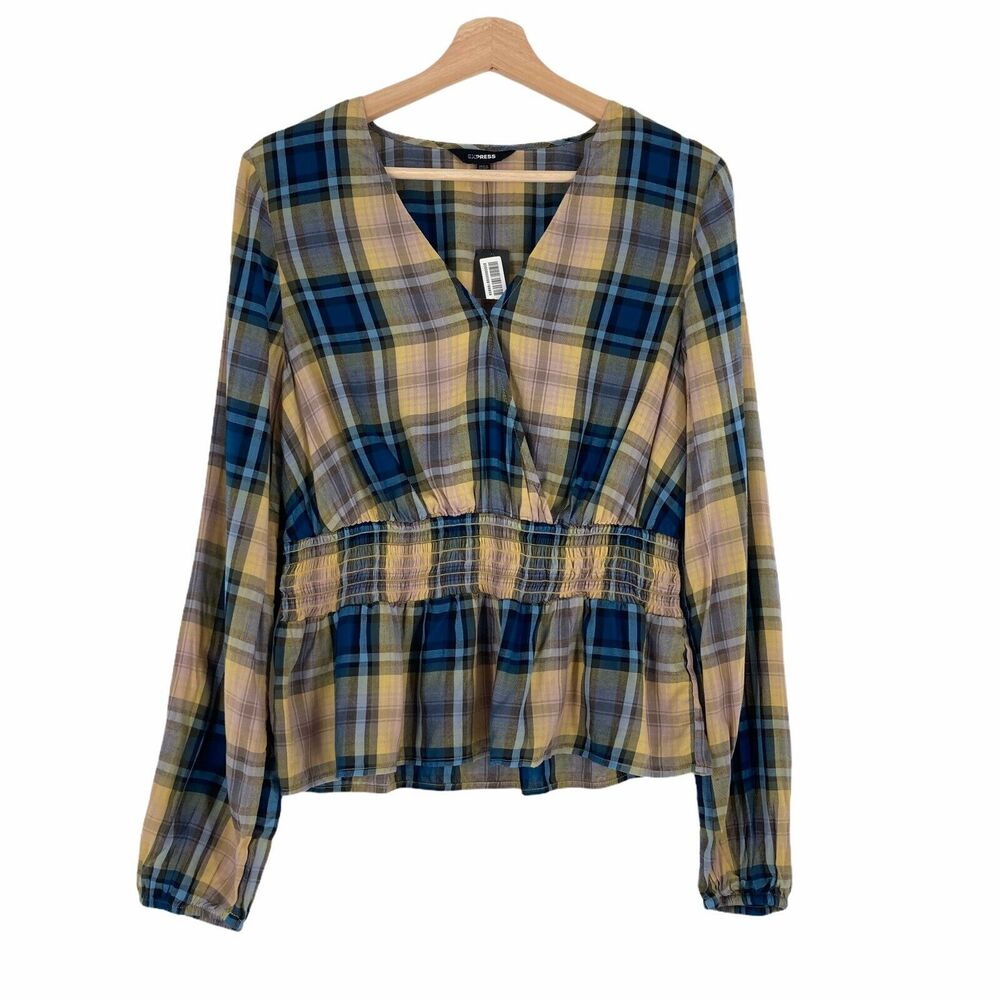 Express Blouse Plaid Yellow Blue Wrap Smocked Long Sleeve